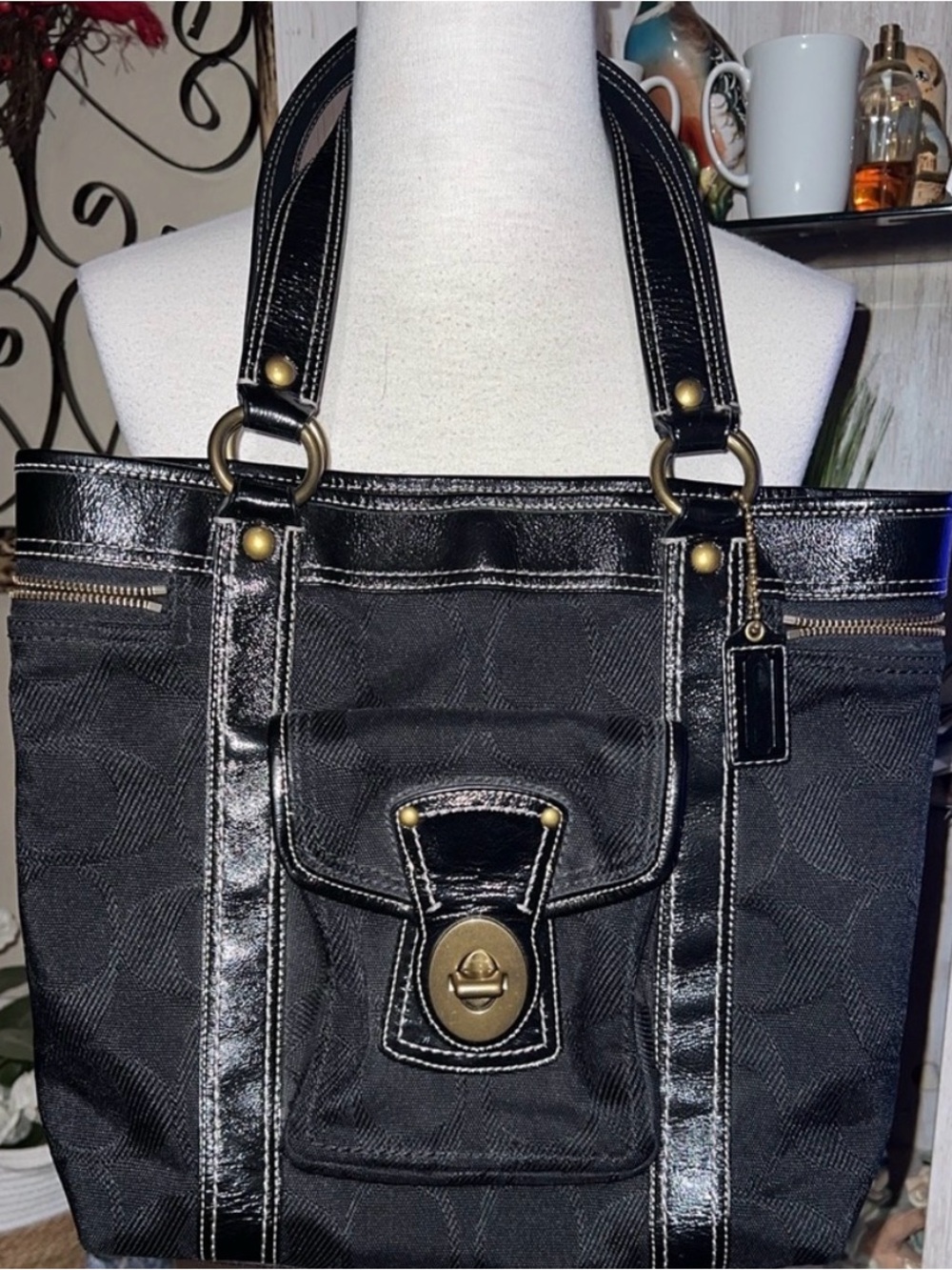 Y2K Coach Gigi Legacy Jacquard  Black tote with bronze hardware